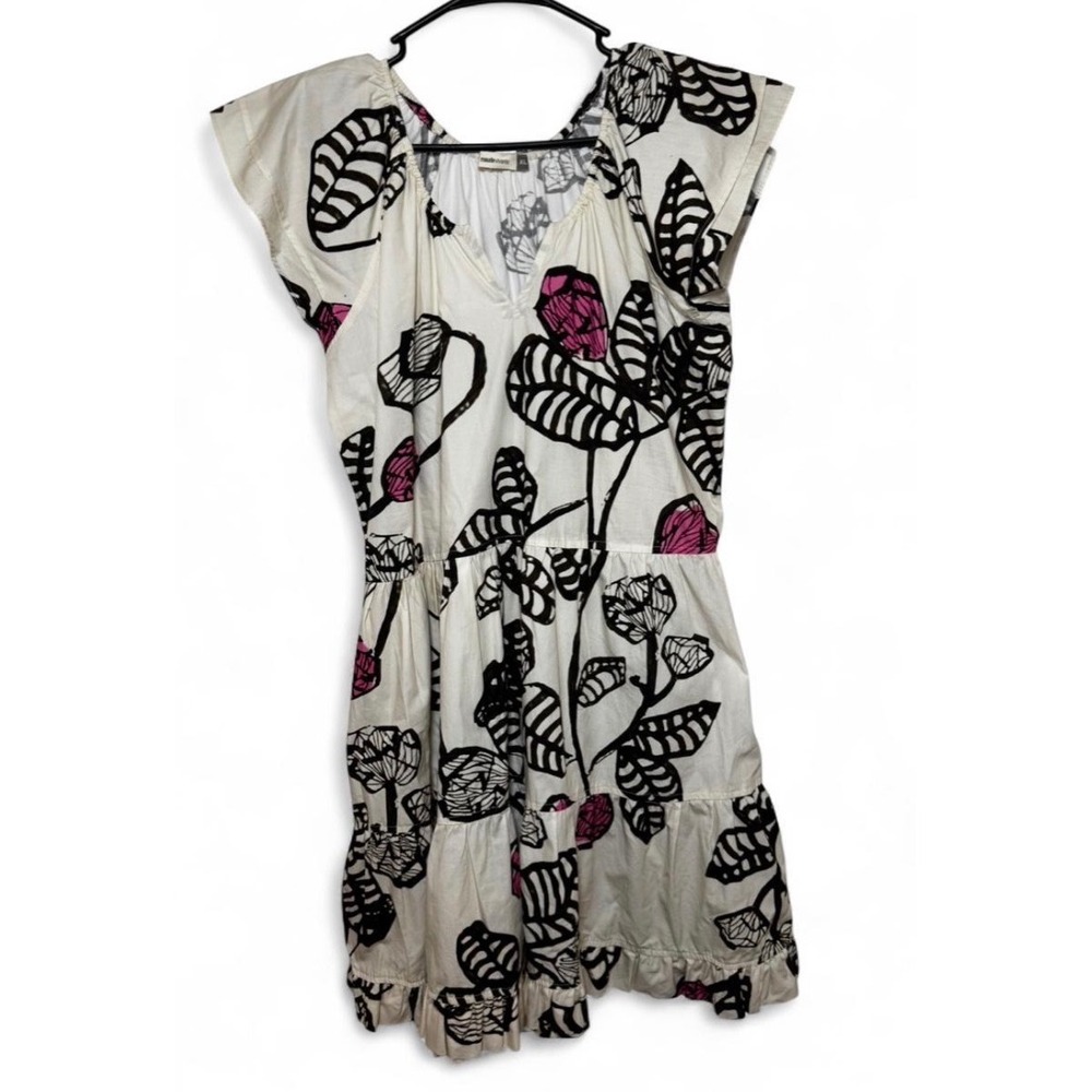 Maude Vivante Womens XL White Pink Black Floral Cotton Tiered Dress V-Neck